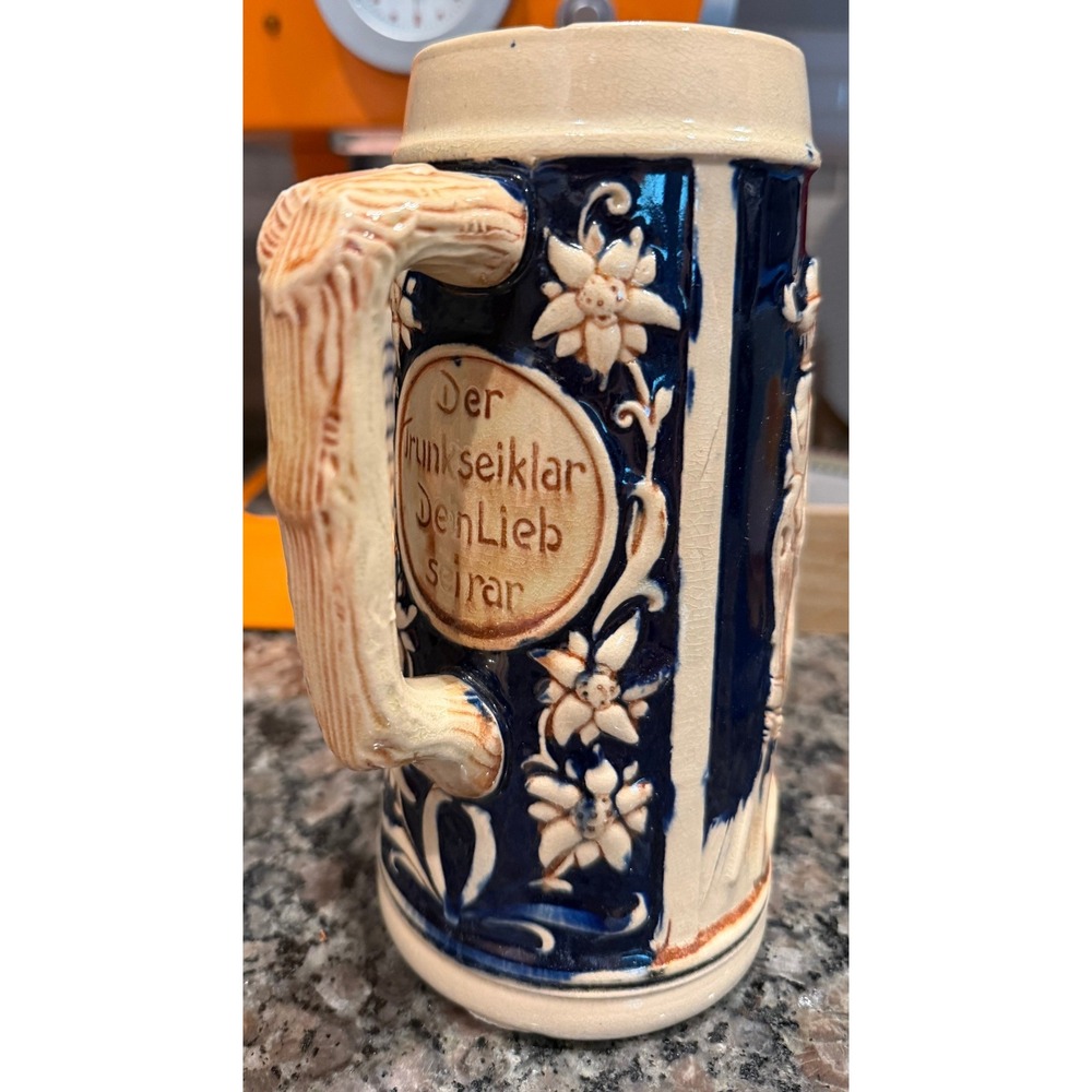 Vintage German Beer Stein Cobalt Blue Cream Ceramic Relief Tavern‎ Scene 7 Inch
